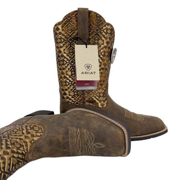 Ariat Women's Round Up Wide Square Toe Leather Brown Western Boots Size 10B NWOB - Picture 3 of 16